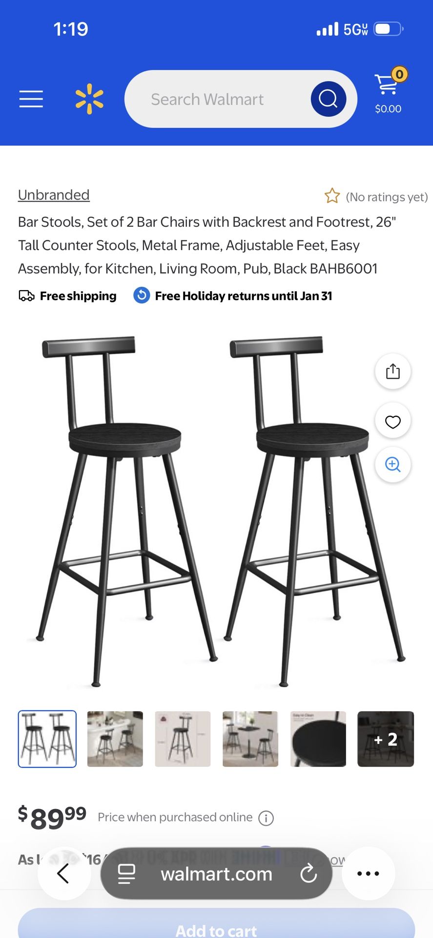 Bar Stools, Set of 2 Bar Chairs with Backrest and Footrest, 26" Tall Counter Stools, Metal Frame, Adjustable Feet, Easy Assembly, for Kitchen, Living 