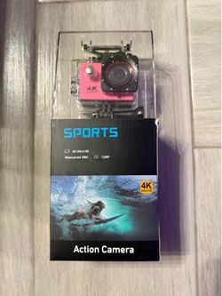 New pink action camera with 4K Ultra HD video resolution and 12MP photo capability. This device is waterproof up to 30 meters and has a 2-inch LCD scr