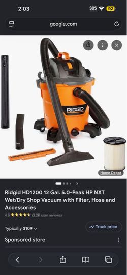 RIDGID 12 Gal. 5.0 Peak HP NXT Shop Vacuum Wet Dry Vac  HD1200