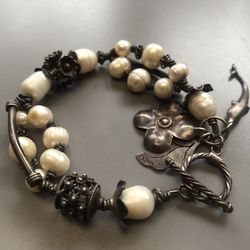 Sterling Silver Freshwater Pearl Toggle Bracelet Dangle Clunky Chunky (Silver Lake)