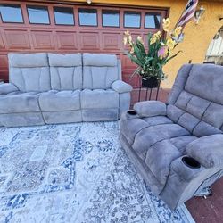 Beautiful Couch With Manual 2 Recliner Gray Color And Single Chair Recliner With Massager And Heater Remote Control Totally Deep Clean Good Condition 