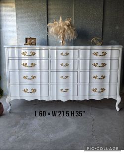 French provincial dresser tv media table refinished white and gold pulls 12 drawers