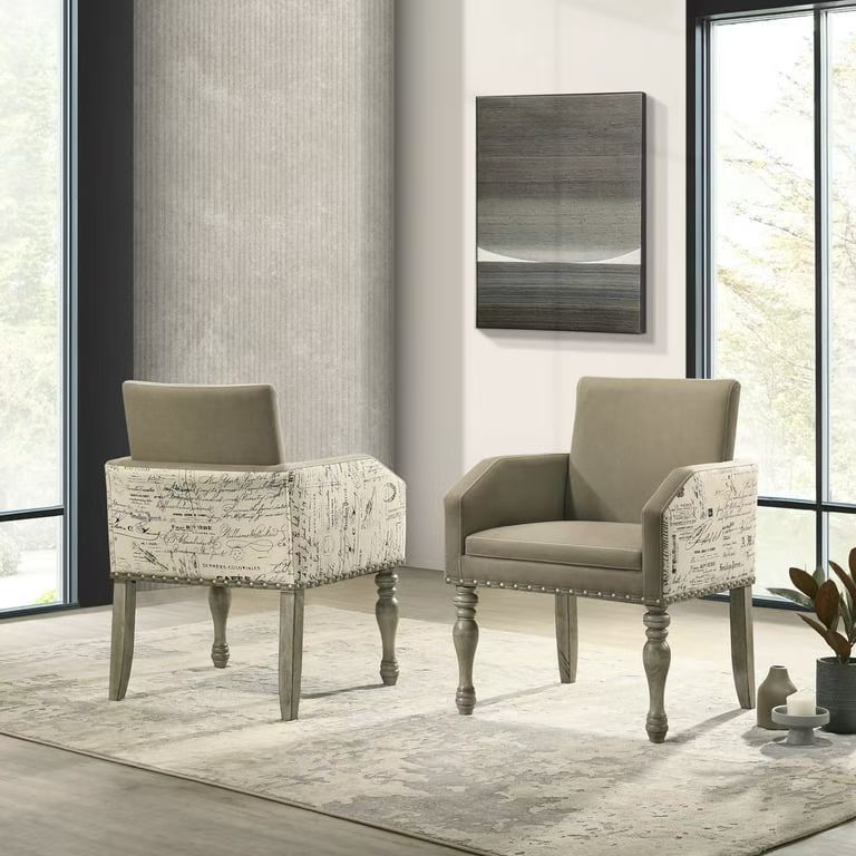  Birmingham Script Printed Finish Dining Arm Chair with Nail Head, Set of 2, Driftwood，220/2pcs