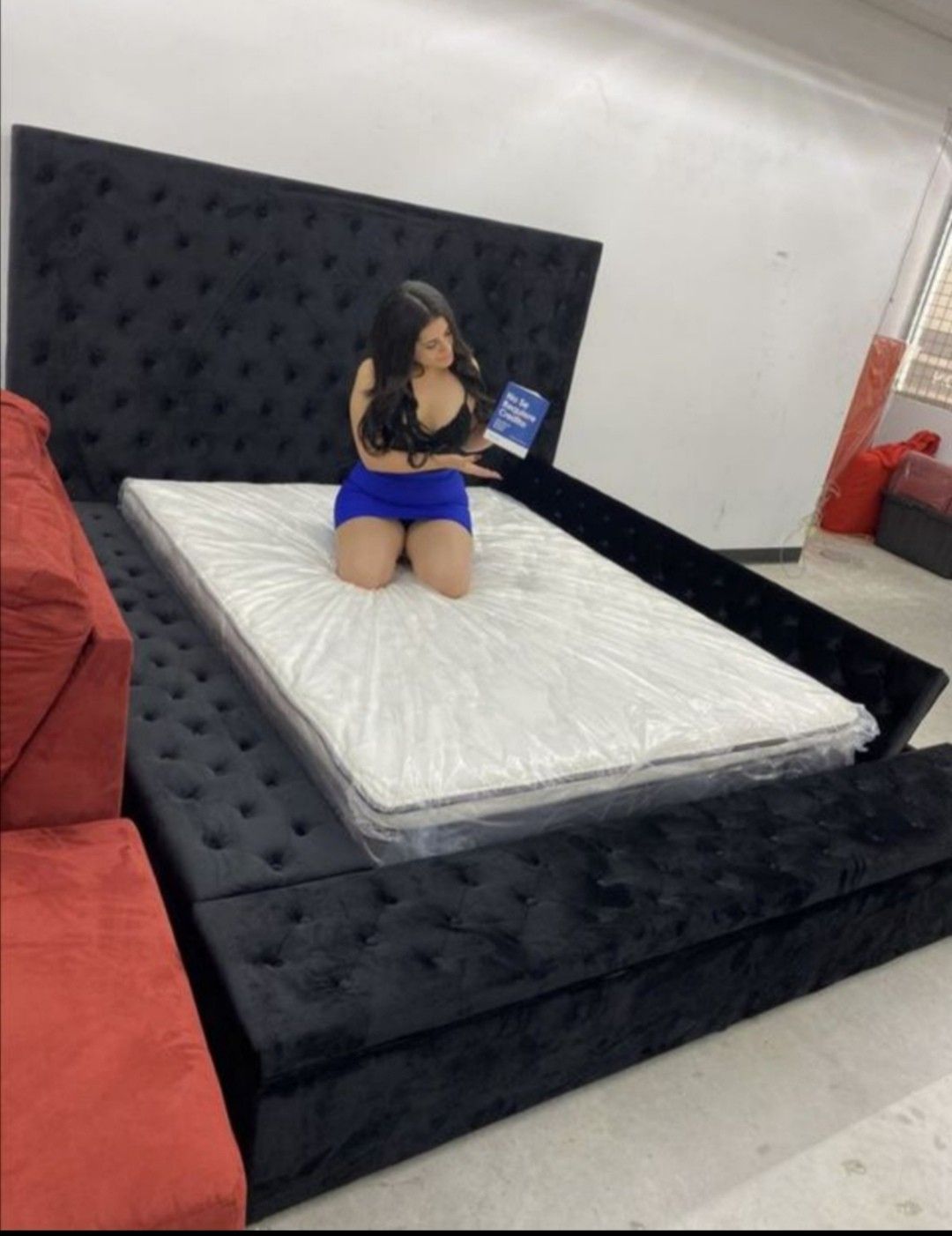 Brand new 🌴🌴 Wonderful!! 👌Velvet black queen size bed with mattress 👑$39 down 🚚 No credit check