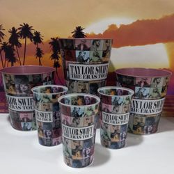 TAYLOR SWIFT THE ERAS TOUR MOVIE 3x Popcorn Bucket Pink Tin + 3X Plastic Tumbler