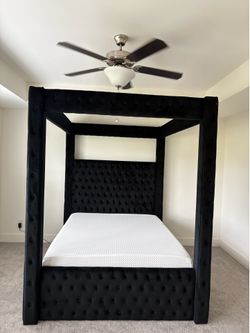 All New Black or Gray Velvet Canopy Bed With Bluetooth Speakers and USB
