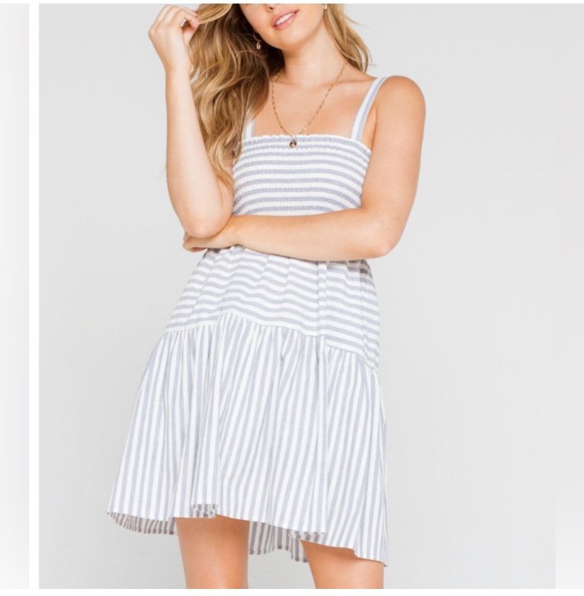 Urban Outfitters Blue & White Striped Smocked Babydoll Dress 