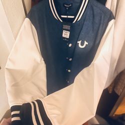 Large True Religion Denim And Leather Buddha Button Up Jacket