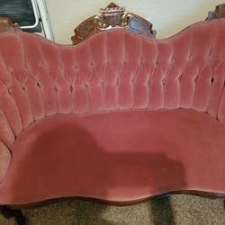 3 Pice Furniture Set....Early American Love Seat Sofa , With A  Maching Rocker AAand Arm Chair .  Beautiful  Cherry Wood Finnish On Top Back  & Legs ,
