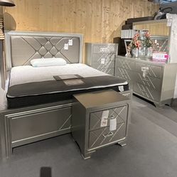 Champagne King Bed, Dresser, Mirror And One Nightstand