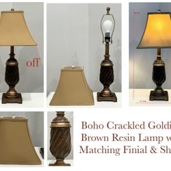 Boho Crackled Goldish-Brown Resin Lamp with Matching Finial & Shade