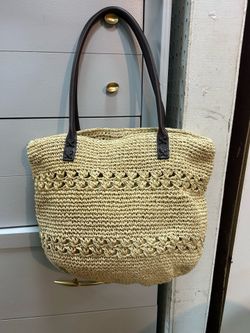 👜Talbots Handbag Tote Women M Brown Paper Straw Leather Braided Straps Lined