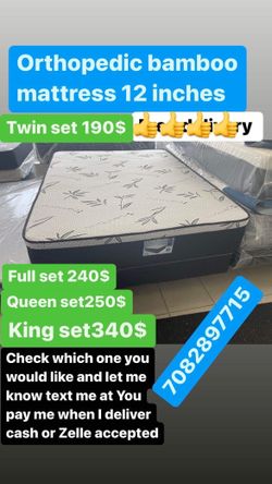 Huge sale for Mattress And Box Twin size mattress and box 150.$ full 190$ Queen 200$ king 290$. free delivery free set up 708….280….7715… cash or Zell