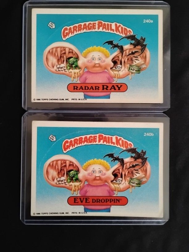 2 Old 1986 Garbage Pail Kids Sticker Cards - Radar Ray #240a / Eve Dropping #240b