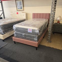 TWIN PINK BED FRAME WITH PILLOW TOP ORTHO BALANCE MATTRESS 