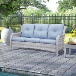 Carolina Light Gray Wicker Outdoor Couch with Baby Blue Cushions