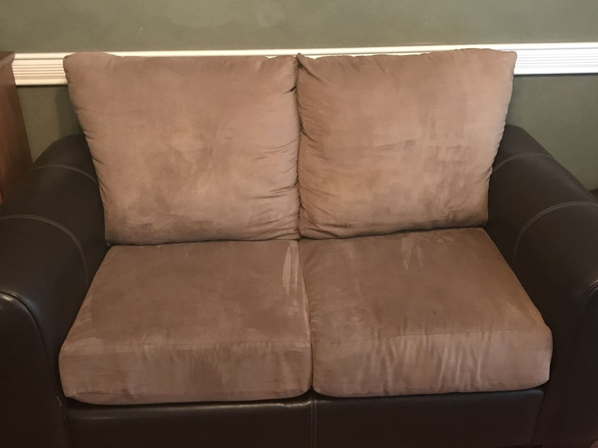 Brown And Tan Leather And Suede Love Seat