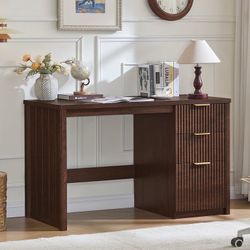 Fluted Executive Desk, 48" Modern Wood Home Office Desk with File Drawer & Metal Handles, Computer Writing Desk, Walnut