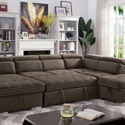 Brand New Super Plush Brown U-Shaped Sectional Sofa Storage Sleeper