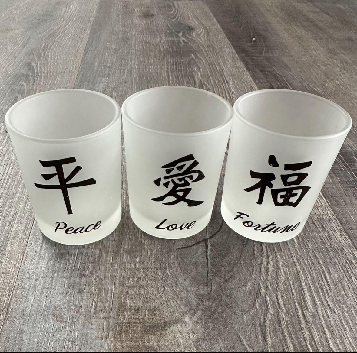 New Set of 3 Biedermann Peace, Love, & Fortune Chinese Character Votive Holders