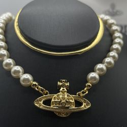 Vivienne Westwood Faux Pearl Orb Necklace & Bracelet Set – Gold Tone – Like New