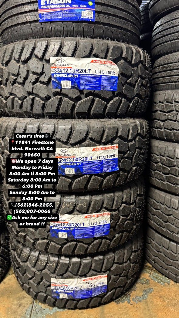 33X12.50R20 ATLANDER RT A SET OF FOUR NEW TIRES, INCLUDES MOUNTING AND BALANCING WITH WARRANTY, ASK ME FOR ANY SIZE OR BRAND, WE HAVE THE BEST PRICES