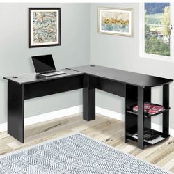 LIHELS, L-Shapped Desk Office——Storage Shelf/PC Table Workstation Writing Table/Maximize Office Space(Black)