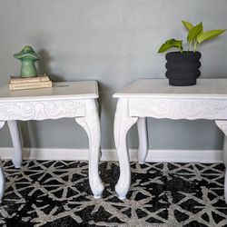 Set of White Wooden End Tables with Carvings - Boho - Shabby Chic
