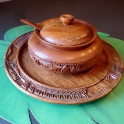 MCM Hand Carved Monkey Pod Wood 4-Piece Lidded Serving Bowl & Tray Set RARE