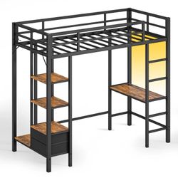 LED Loft Twin Bed Frame With Desk Black