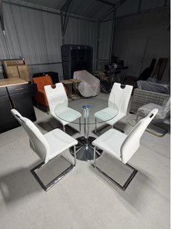 5-Piece Dining Table Set, Tempered Glass Round Table and 4 Upholstered Dining Chairs.