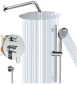 SR SUN RISE 12 Inch Shower System, Slide Bar Shower Faucets Sets Complete Round Shower Heads and 6-Spray Handheld Combo, Wall Mounted Dual Shower Set 