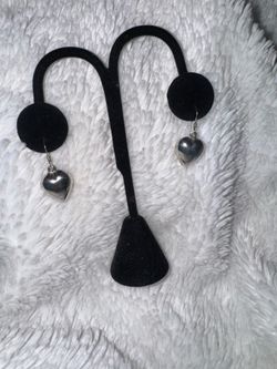 ESTATE STERLING SILVER 3D PUFFY HEART 1" DROP DANGLE EARRINGS
