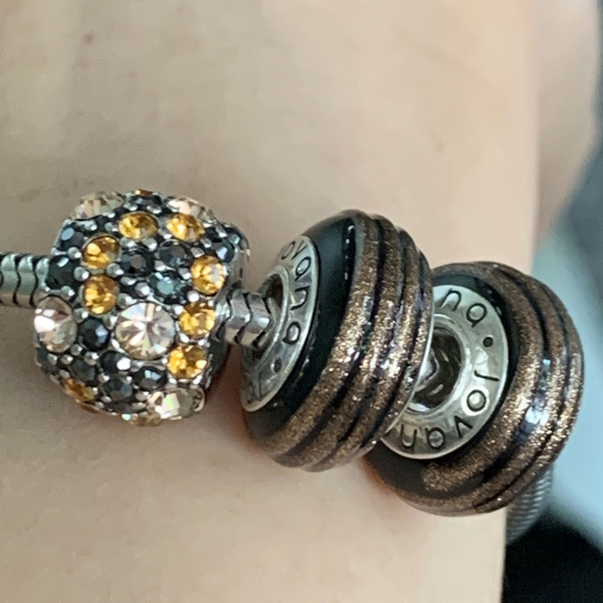 3 charms , sterling silver and Swarovski crystal , 2 rose gold on black Murano glass charms (charms only)