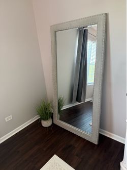Luxury Oversized Full Length Floor Mirror - Grey Velvet & Nailhead Trim