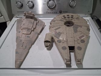 1997  star wars Vintage Lucas film HASBRO imperial star destroyer with lights and sounds.    and  
1995 Kewis Galoob Micro machines Millennium Falcon 