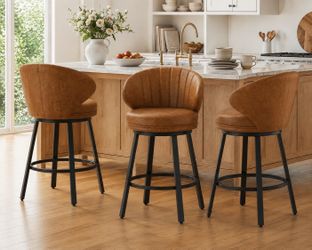 26''H Faux Leather Upholstered Swivel Counter Stools, Brown (Set of 3)