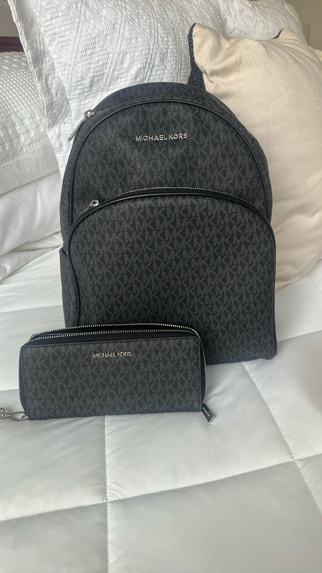 A Large Michael Kors, Black And Gray With Silver Hardware, Backpack And Wristlet Wallet Set