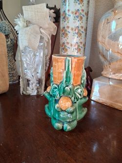 MCM Vintage Majolica Elephants Ceramic Orange & Green Planter/Vase