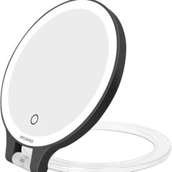 MYIAMO Makeup Mirror with Lights, Double Sided Lighted Magnifying Mirror 10X / 1X with 3 Color Lighting Modes, Tabletop Mirror with Adjustable Folding