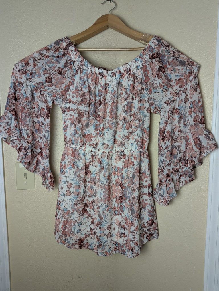 Mint Of Blush Floral Ruffle Bell Sleeve Rounded Hem Off Shoulder Dress