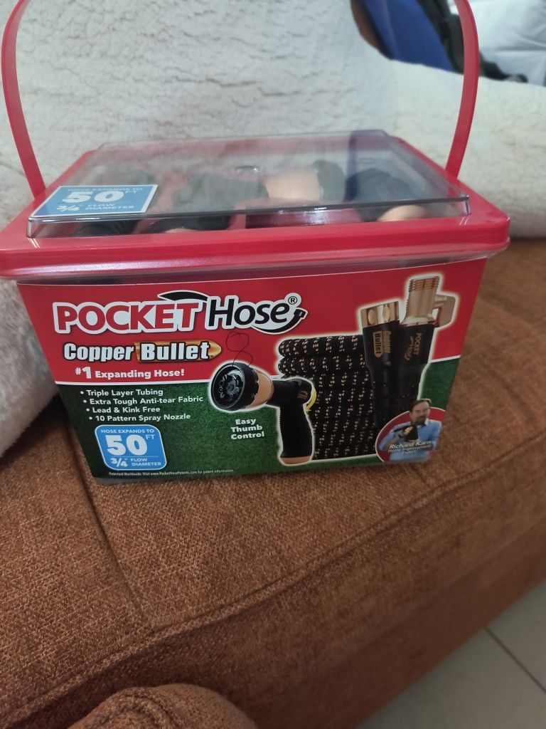 Pocket Hose Copper Bullet Expandable Garden Hose 50 FT w/10 Pattern Thumb Spray Nozzle AS SEEN ON TV 650psi 3/4 in Patented Lead-Free Ultra-Lightweigh