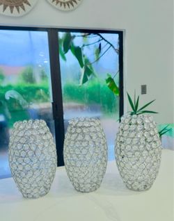 Set of 3 Silver Crystal Beaded Pendant Light Shades / Replacement Covers