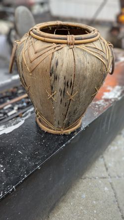 Large Vintage Woven Rattan Floor Vase – Rustic Boho Farmhouse Decor