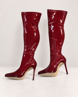 Women's Burgundy Patent Over-the-Knee Stiletto Boots – Size 8 – 27" Tall