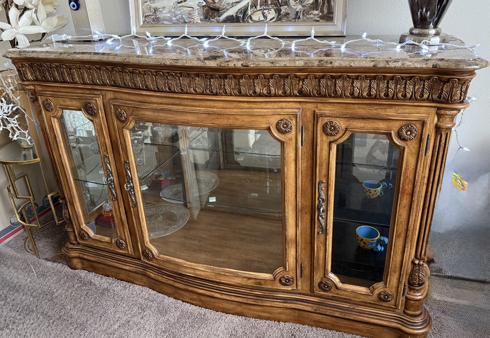 Buffet With Marble Top Glass/ Mirror