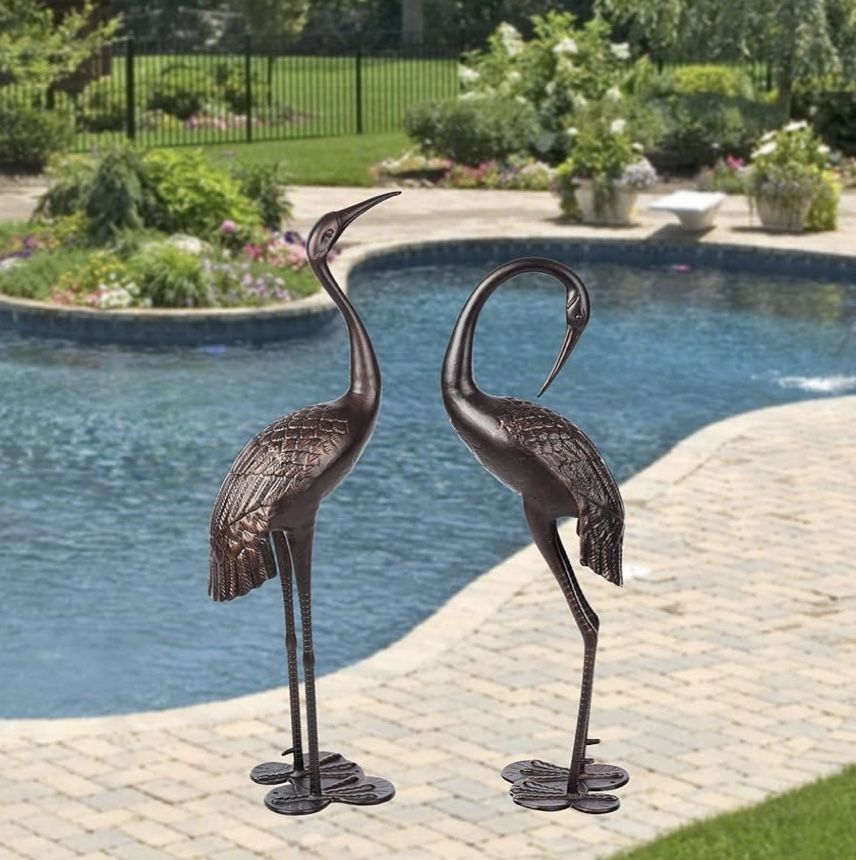 Warehouse Sales! Cast Aluminum Garden Crane Statue 2 Pc A Set for Sale