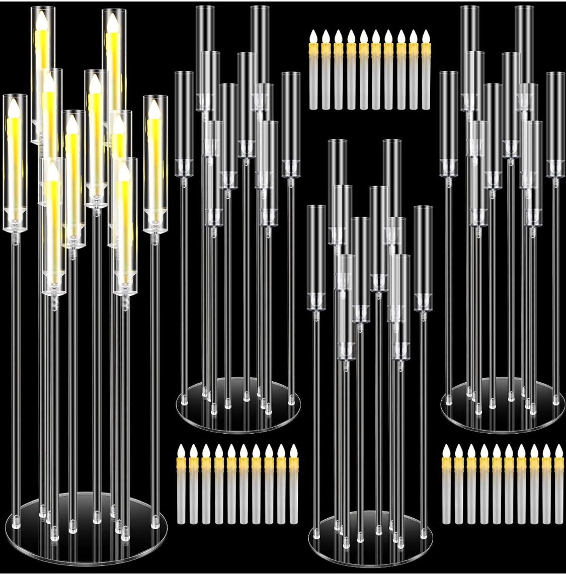 Tandefio 4 Pieces 10-Arm Acrylic Wedding Candelabras, Centerpieces with 40 LED Candles 46.5 Inches Tall, Metal Candle Holder with Lampshade for Easter