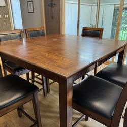 Art Van Authentic Wood&Leather Dining/Kitchen Table W/ Leaf 6 Chairs