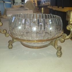 Crystal bowl in a brass rack with 3 candlestick holders. A113C001